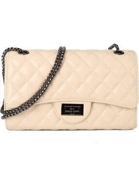 Women Beige PU Quilted Stylish Crossbody Bags with Chain Strap & Flap Closure